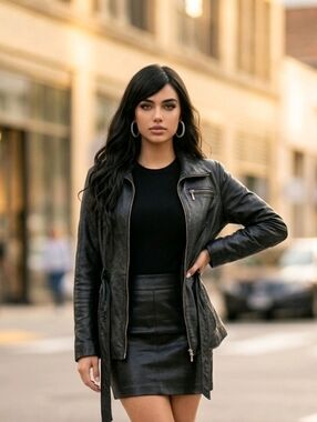 W New York by Winlit Black Leather Belted Zip Up Jacket Small S/P